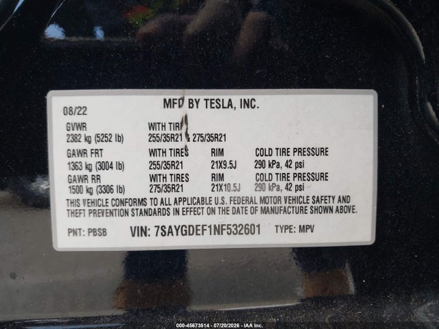 Aukcja sprzedaży 2022 Tesla Model Y Performance Dual Motor All-wheel Drive, vin: 7SAYGDEF1NF532601, numer aukcji: 45673514