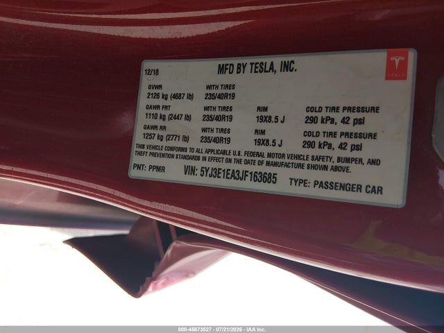 Продажа на аукционе авто 2018 Tesla Model 3 Long Range/mid Range, vin: 5YJ3E1EA3JF163685, номер лота: 45673527