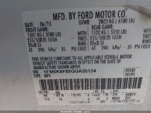 2016 Ford Explorer Limited მანქანა იყიდება აუქციონზე, vin: 1FM5K8F85GGA20124, აუქციონის ნომერი: 45673533