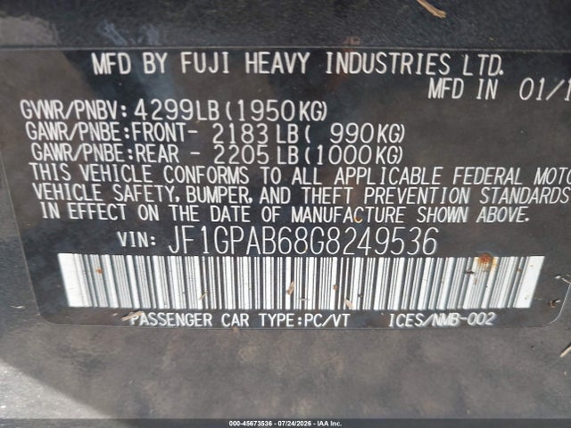 45673536 :رقم المزاد ، JF1GPAB68G8249536 vin ، 2016 Subaru Impreza 2.0i Premium مزاد بيع