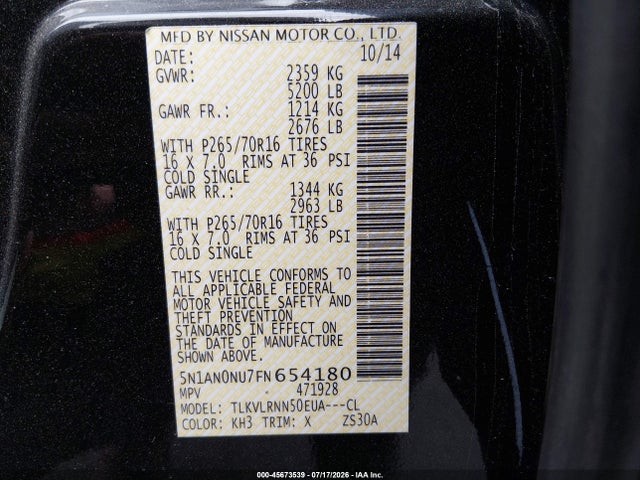 Nissan Xterra S 2015 5N1AN0NU7FN654180 Image 9