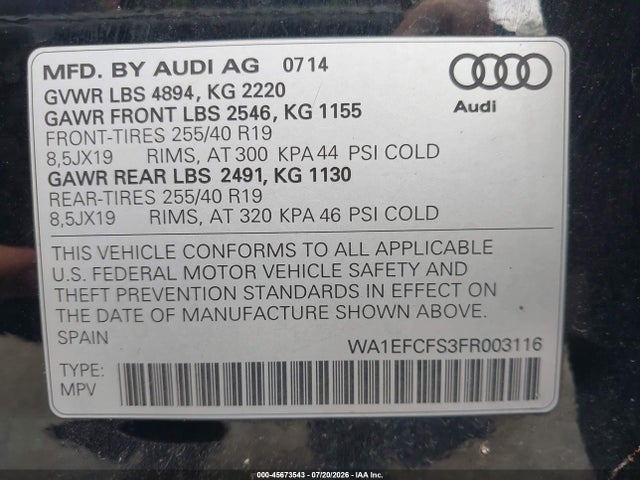 Aukcja sprzedaży 2015 Audi Q3 2.0t Premium Plus, vin: WA1EFCFS3FR003116, numer aukcji: 45673543