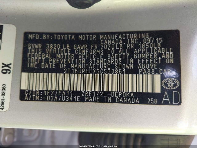 2016 Toyota Corolla L მანქანა იყიდება აუქციონზე, vin: 2T1BURHEXGC503861, აუქციონის ნომერი: 45673544
