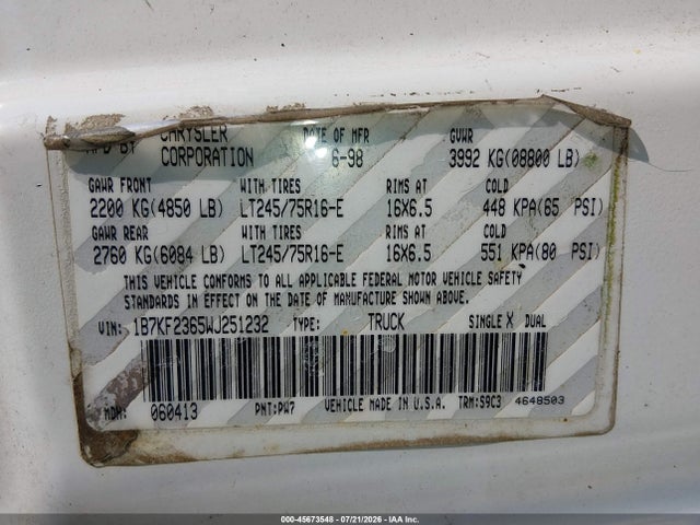 Aukcja sprzedaży 1998 Dodge Ram 2500 St, vin: 1B7KF2365WJ251232, numer aukcji: 45673548