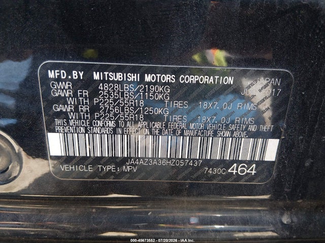 45673552 :رقم المزاد ، JA4AZ3A36HZ057437 vin ، 2017 Mitsubishi Outlander Sel مزاد بيع