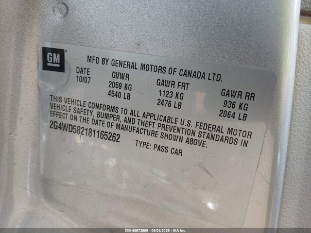 45673568 :رقم المزاد ، 2G4WD582181165262 vin ، 2008 Buick Lacrosse Cxl مزاد بيع