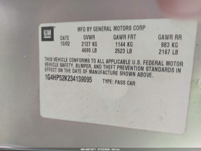 2003 Buick Lesabre Custom მანქანა იყიდება აუქციონზე, vin: 1G4HP52K234139095, აუქციონის ნომერი: 45673577