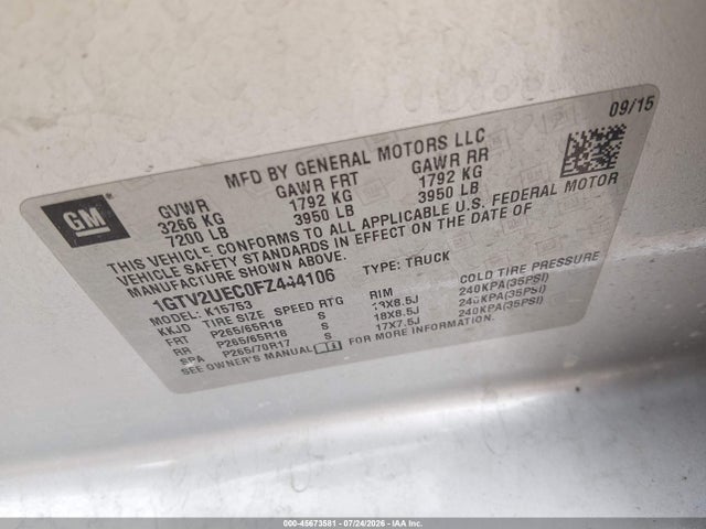 45673581 :رقم المزاد ، 1GTV2UEC0FZ444106 vin ، 2015 Gmc Sierra 1500 Sle مزاد بيع