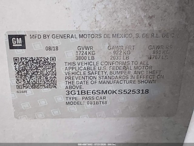 Chevrolet CRUZE LT 2019 3G1BE6SM0KS525318 Image 9