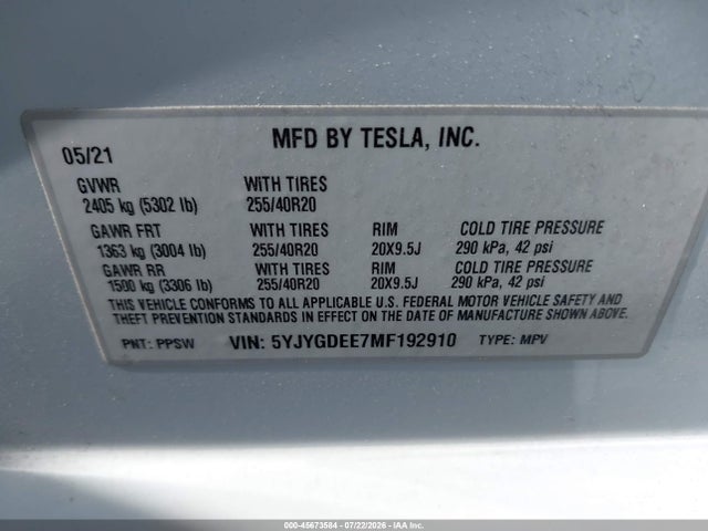 45673584 :رقم المزاد ، 5YJYGDEE7MF192910 vin ، 2021 Tesla Model Y Long Range Dual Motor All-wheel Drive مزاد بيع