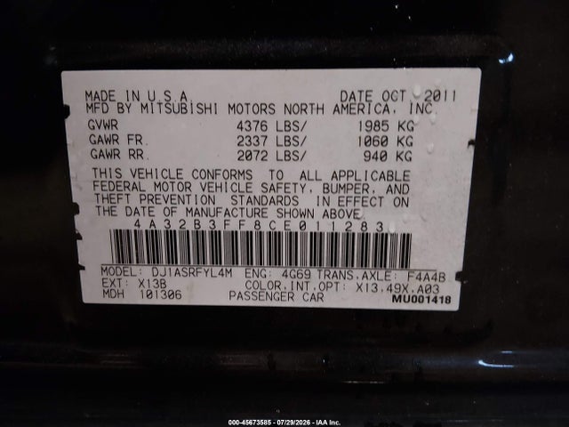 Aukcja sprzedaży 2012 Mitsubishi Galant Es/se, vin: 4A32B3FF8CE011283, numer aukcji: 45673585