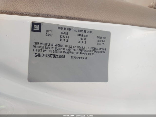 Продаж на аукціоні авто 2007 Buick Lucerne Cxl, vin: 1G4HD57287U213515, номер лоту: 45673590