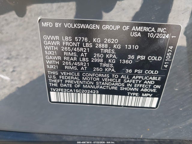 2025 Volkswagen Atlas Cross Sport 2.0t Sel Premium R-line მანქანა იყიდება აუქციონზე, vin: 1V2FE2CA1SC202423, აუქციონის ნომერი: 45673618