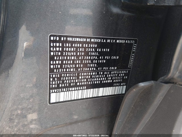 45673652 :رقم المزاد ، 3VV2X7B27NM065638 vin ، 2022 Volkswagen Taos 1.5t Sel مزاد بيع