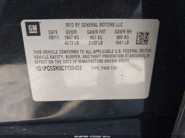 Aukcja sprzedaży 2012 Chevrolet Cruze Ls, vin: 1G1PC5SH3C7139453, numer aukcji: 45673660