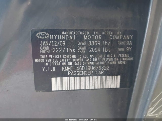 Продажа на аукционе авто 2009 Hyundai Elantra Gls, vin: KMHDU46D19U676322, номер лота: 45673693