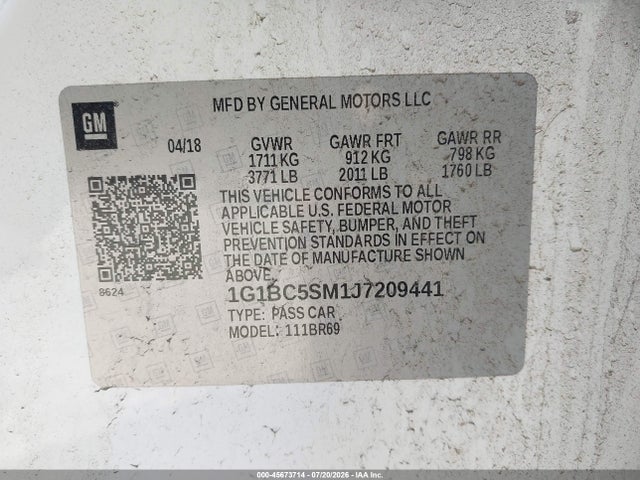 45673714 :رقم المزاد ، 1G1BC5SM1J7209441 vin ، 2018 Chevrolet Cruze Ls Auto مزاد بيع