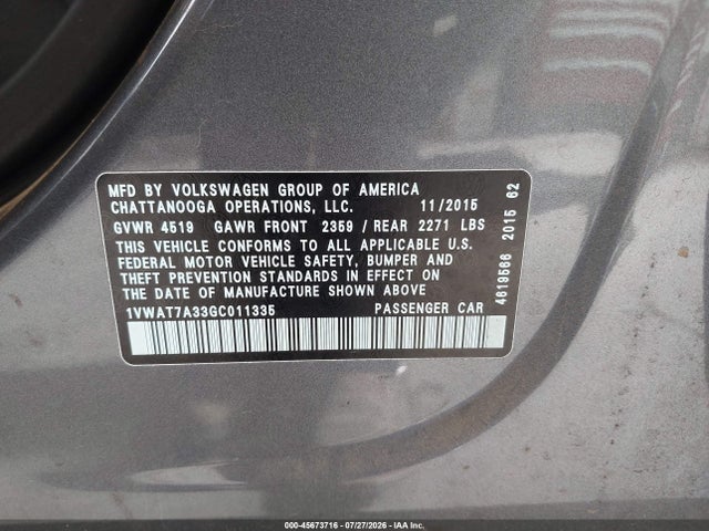 1VWAT7A33GC011335 Volkswagen Passat 1.8t S