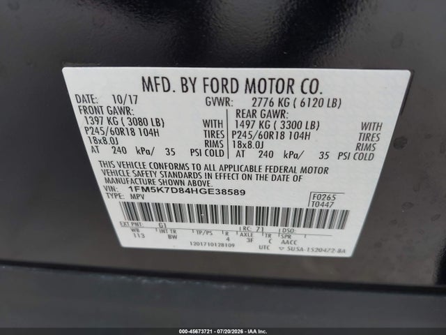 1FM5K7D84HGE38589 Ford EXPLORER XLT