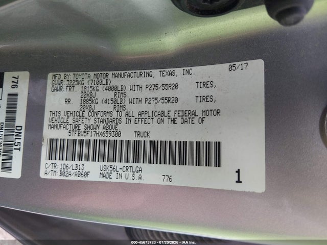 45673723 :رقم المزاد ، 5TFBW5F17HX659300 vin ، 2017 Toyota Tundra Limited 5.7l V8 مزاد بيع