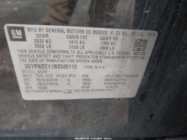 45673726 :رقم المزاد ، 3GYFNDEY0BS585119 vin ، 2011 Cadillac Srx Luxury Collection مزاد بيع
