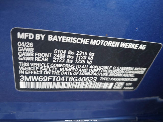 45673729 :رقم المزاد ، 3MW69FT04T8G40623 vin ، 2026 Bmw M340i Xdrive Na مزاد بيع