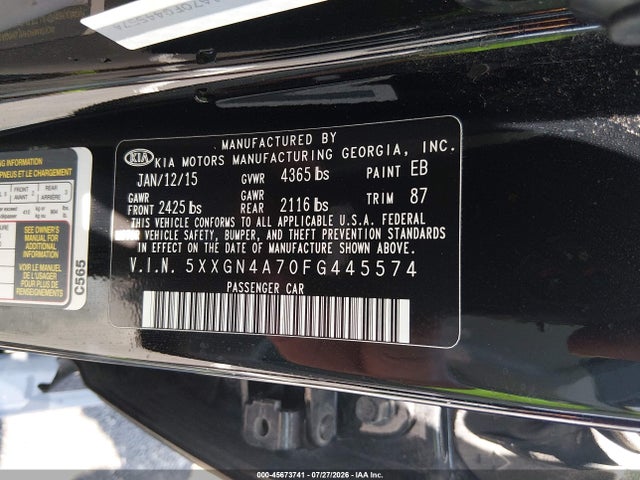 Продажа на аукционе авто 2015 Kia Optima Ex, vin: 5XXGN4A70FG445574, номер лота: 45673741
