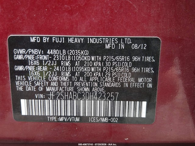 45673743 :رقم المزاد ، JF2SHABC3DH423257 vin ، 2013 Subaru Forester 2.5x مزاد بيع