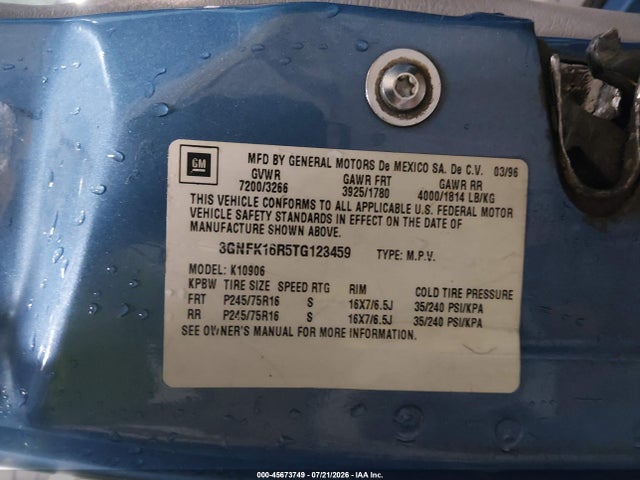 45673749 :رقم المزاد ، 3GNFK16R5TG123459 vin ، 1996 Chevrolet Suburban K1500 مزاد بيع