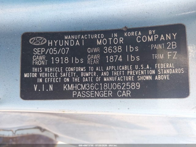 Продаж на аукціоні авто 2008 Hyundai Accent Gs, vin: KMHCM36C18U062589, номер лоту: 45673755