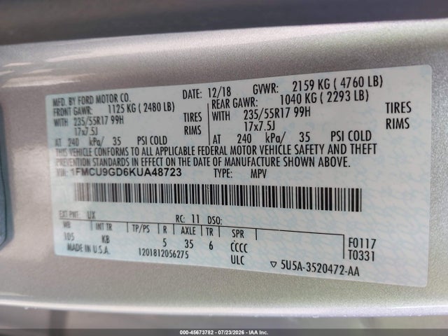 Продажа на аукционе авто 2019 Ford Escape Se, vin: 1FMCU9GD6KUA48723, номер лота: 45673782