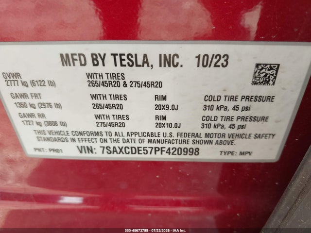 7SAXCDE57PF420998 Tesla Model X Dual Motor All-wheel Drive/standard Range