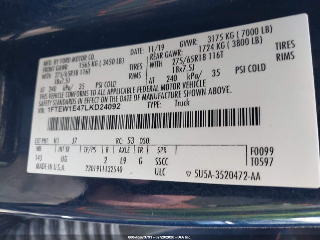 Продаж на аукціоні авто 2020 Ford F-150 Xlt, vin: 1FTEW1E47LKD24092, номер лоту: 45673791