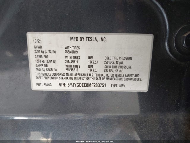 Auction sale of the 2021 Tesla Model Y Long Range Dual Motor All-wheel Drive, vin: 5YJYGDEE8MF283751, lot number: 45673816