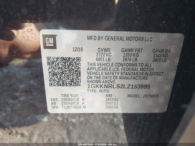 45673825 :رقم المزاد ، 1GKKNRLS2LZ153995 vin ، 2020 Gmc Acadia Fwd Sle مزاد بيع