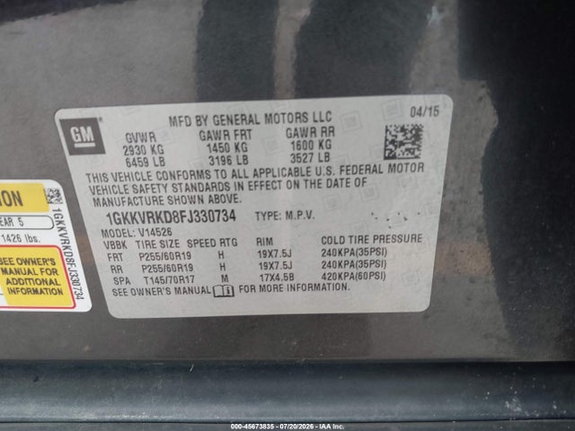 2015 Gmc Acadia Slt მანქანა იყიდება აუქციონზე, vin: 1GKKVRKD8FJ330734, აუქციონის ნომერი: 45673835