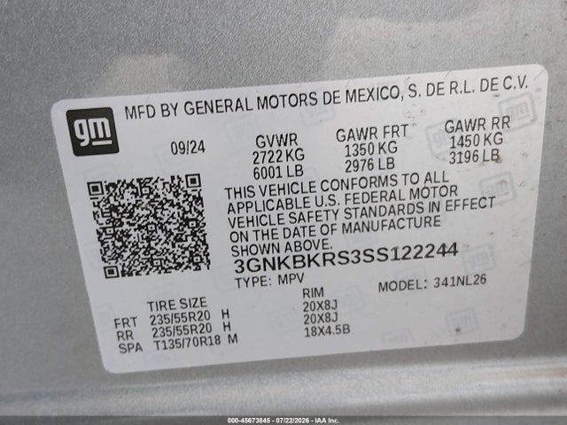 3GNKBKRS3SS122244 Chevrolet Blazer Awd Rs
