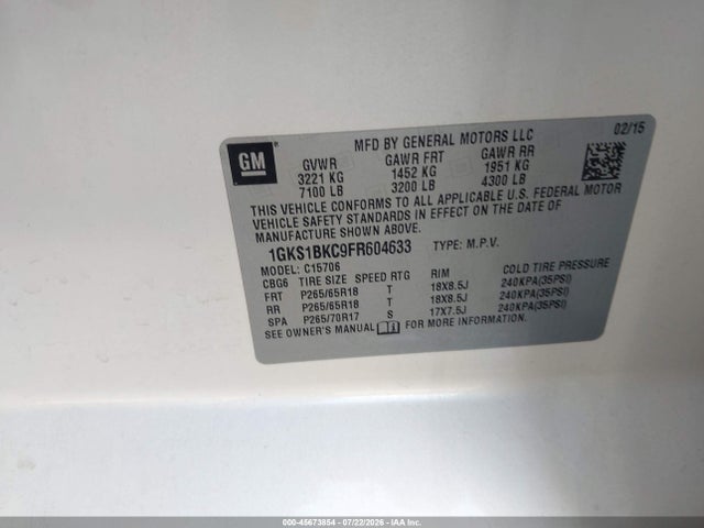 Продаж на аукціоні авто 2015 Gmc Yukon Slt, vin: 1GKS1BKC9FR604633, номер лоту: 45673854