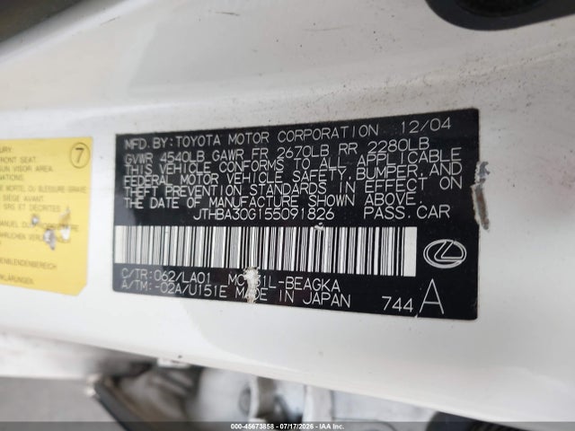 Aukcja sprzedaży 2005 Lexus Es 330, vin: JTHBA30G155091826, numer aukcji: 45673858