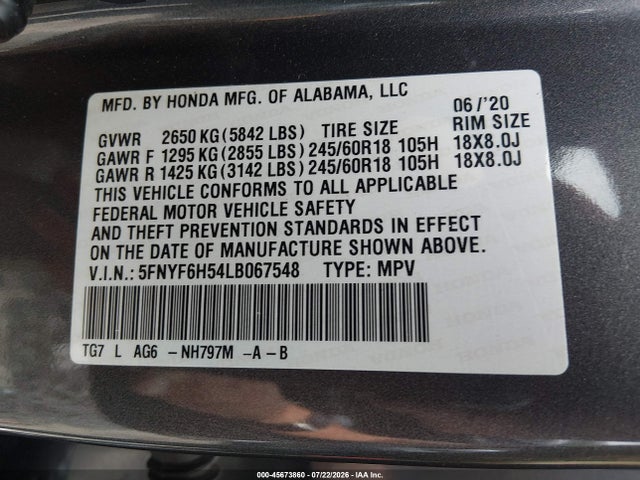 Honda Pilot Awd Ex-l 2020 5FNYF6H54LB067548 Image 9