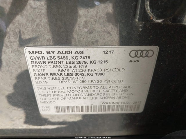 Продаж на аукціоні авто 2018 Audi Q5 2.0t Premium/2.0t Tech Premium, vin: WA1BNAFY8J2112512, номер лоту: 45673872