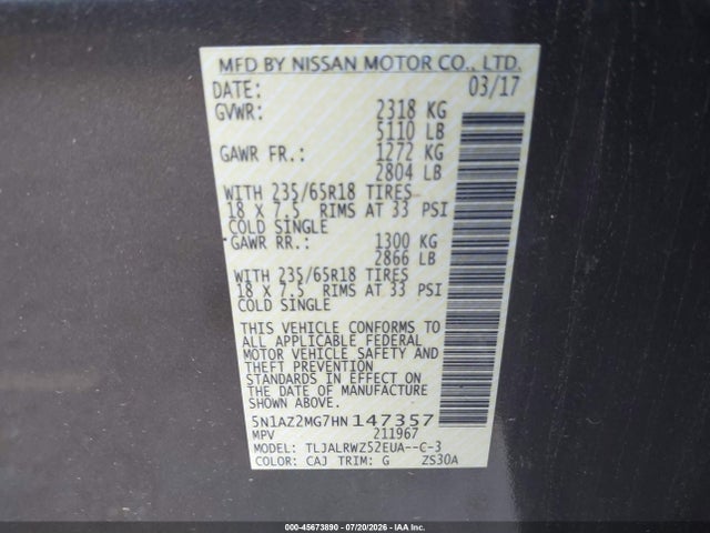 Продаж на аукціоні авто 2017 Nissan Murano Sl, vin: 5N1AZ2MG7HN147357, номер лоту: 45673890