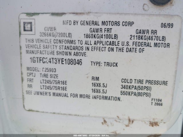 Aukcja sprzedaży 2000 Gmc Sierra 2500 Sl, vin: 1GTFC24T3YE108046, numer aukcji: 45673893