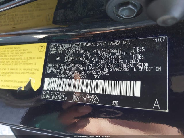 2008 Lexus Rx 350 მანქანა იყიდება აუქციონზე, vin: 2T2GK31U88C052632, აუქციონის ნომერი: 45673896