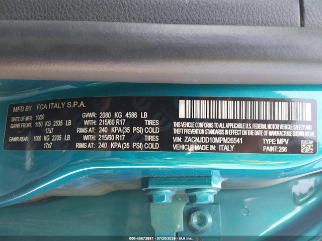 Aukcja sprzedaży 2021 Jeep Renegade Limited 4x4, vin: ZACNJDD10MPM26541, numer aukcji: 45673897