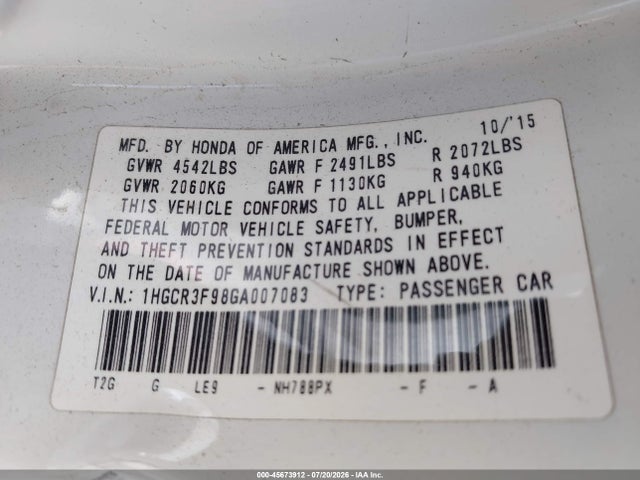 1HGCR3F98GA007083 Honda Accord Touring