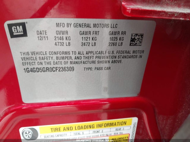 Aukcja sprzedaży 2012 Buick Lacrosse Premium 1 Group, vin: 1G4GD5GR0CF236309, numer aukcji: 45673913