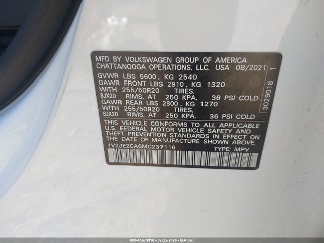 1V2JE2CA6MC237116 Volkswagen Atlas Cross Sport 3.6l V6 Se W/technology