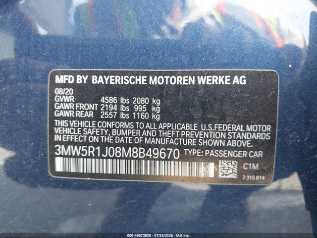 Aukcja sprzedaży 2021 Bmw 330i, vin: 3MW5R1J08M8B49670, numer aukcji: 45673925