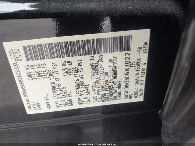 5N1BT3BA2NC683022 Nissan Rogue Sv Fwd